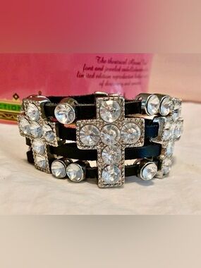 Black Leather Rhinestone Bracelet, Unisex